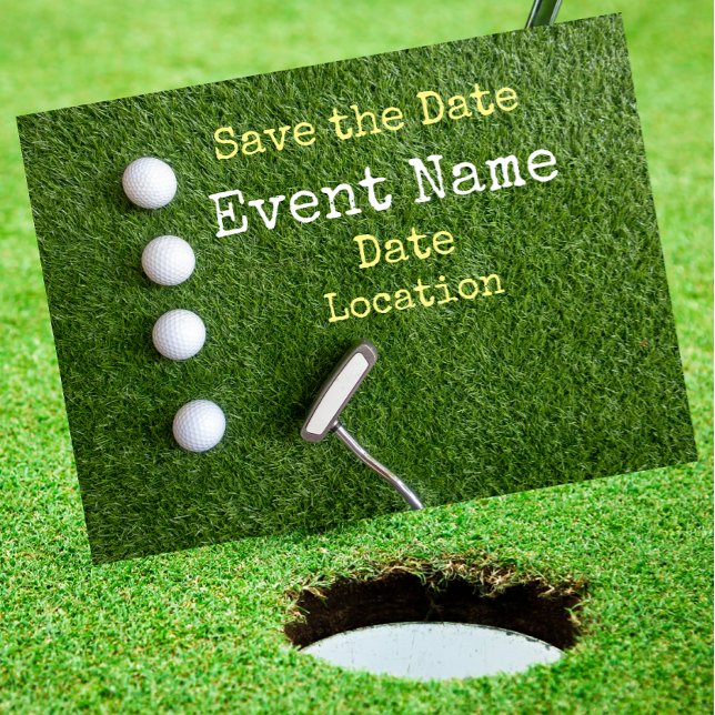 Four golf balls with putter Save the Date Announcement Postcard (Creator Uploaded)