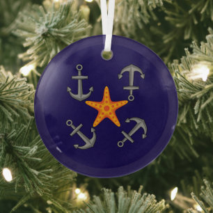 Four Gray Anchors Around The Orange Starfish Glass Tree Decoration