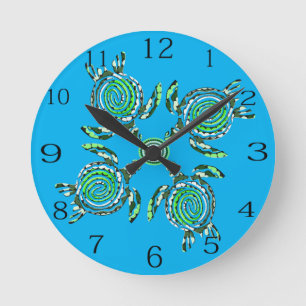 Four Green Turtles Dot Art, Round Clock