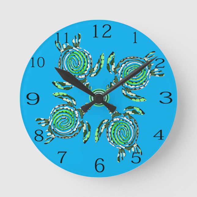 Four Green Turtles Dot Art,   Round Clock (Front)