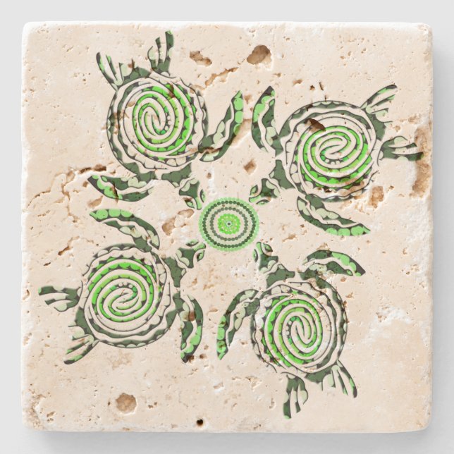 Four Green Turtles Dot Art,   Stone Coaster (Front)