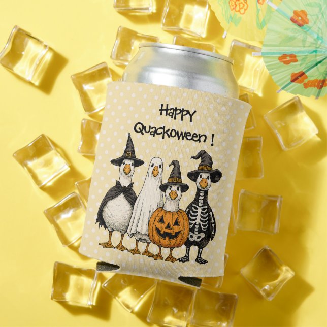 Four Halloween Ducks in Costumes-Happy Quackoween Can Cooler (In Situ Summer)
