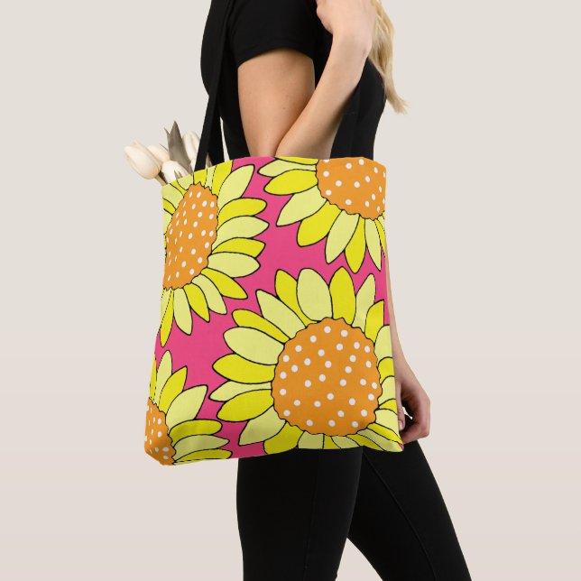 Four Hand Drawn Yellow Orange Pink Sunflowers  Tote Bag (Close Up)