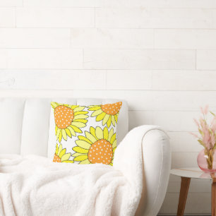 Four Hand Drawn Yellow Orange Sunflowers Cushion