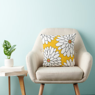 Four Hand Drawn Zinnias Yellow Background Cushion