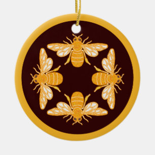 Four honey bees on pattern in circle ceramic ornament