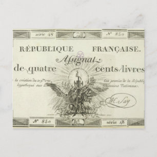 Four hundred livre banknote, 21st September 1792 Postcard