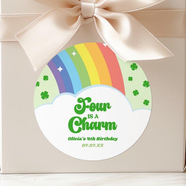 Four Is A Charm Rainbow 4th Birthday Party Classic Round Sticker (Creator Uploaded)