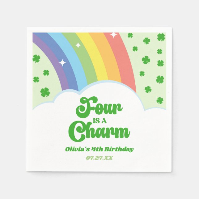 Four Is A Charm Rainbow 4th Birthday Party Napkin (Front)