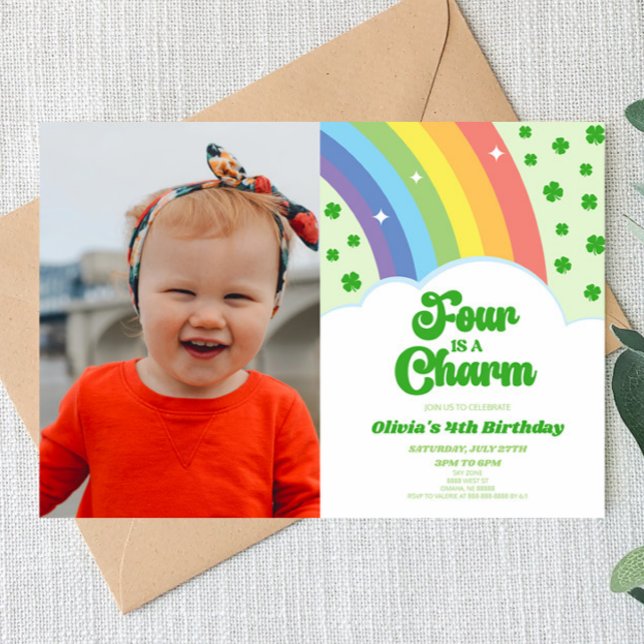 Four Is A Charm Rainbow Clover 4th Birthday Party Invitation (Creator Uploaded)