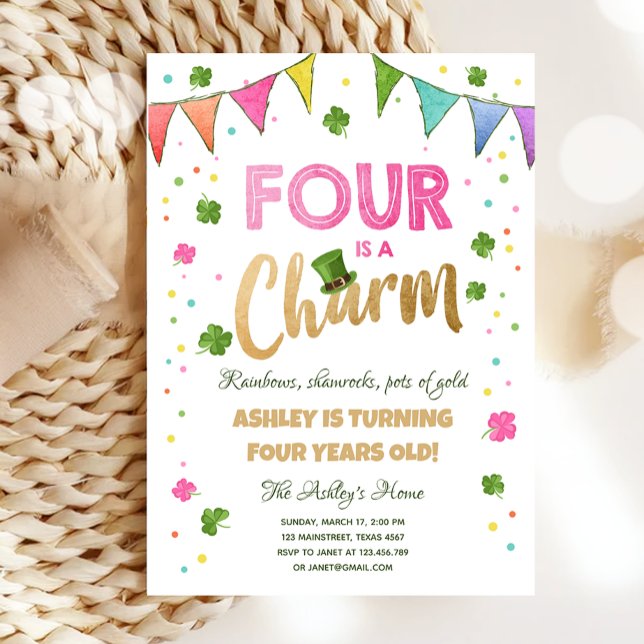Four is a Charm St. Patrick's Day Girl Birthday Invitation (Creator Uploaded)