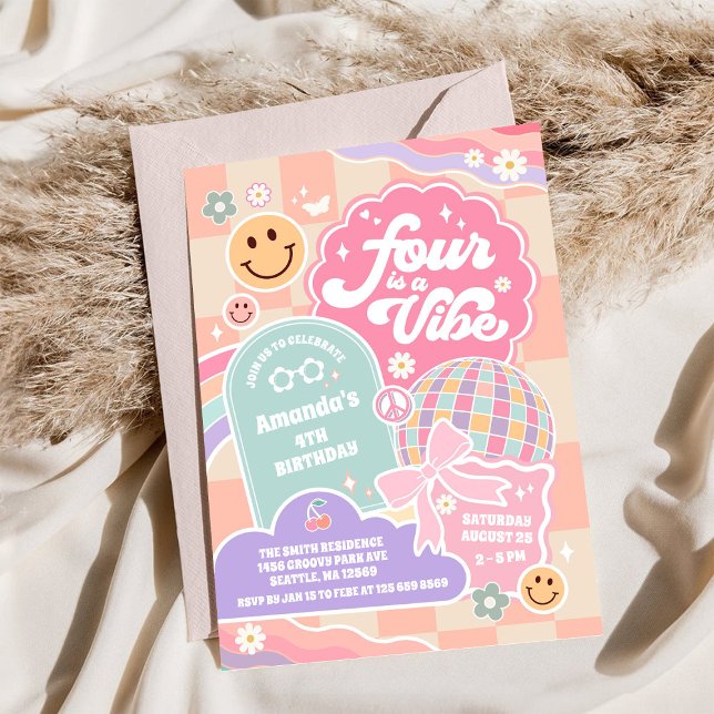 Four Is A Vibe Cloud Rainbow Disco 4th Birthday Invitation (Creator Uploaded)