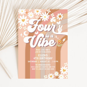 Four is a Vibe Groovy 4th Daisy Rainbow Birthday Invitation