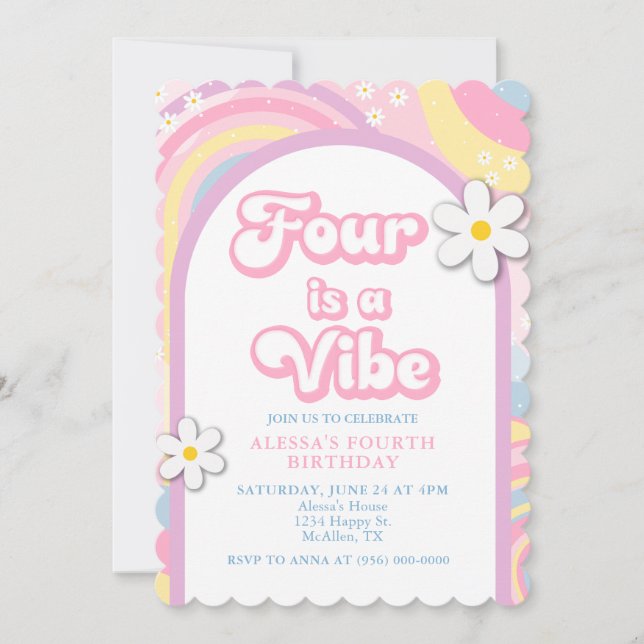 Four is a Vibe Groovy, Retro Girl Pastel Colours Invitation (Front)