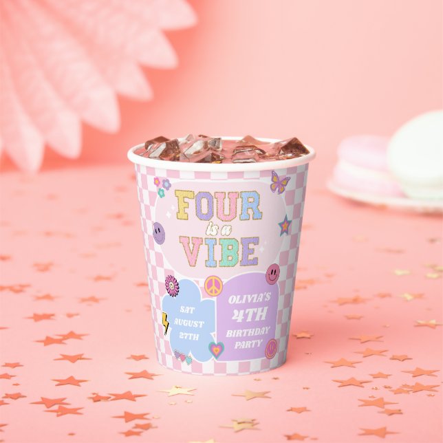 Four Is A Vibe Preppy Patch 4th Birthday Party Paper Cups (Insitu)