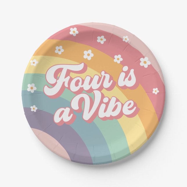 Four is a Vibe Retro 70s Rainbow Daisy Birthday  Paper Plate (Front)