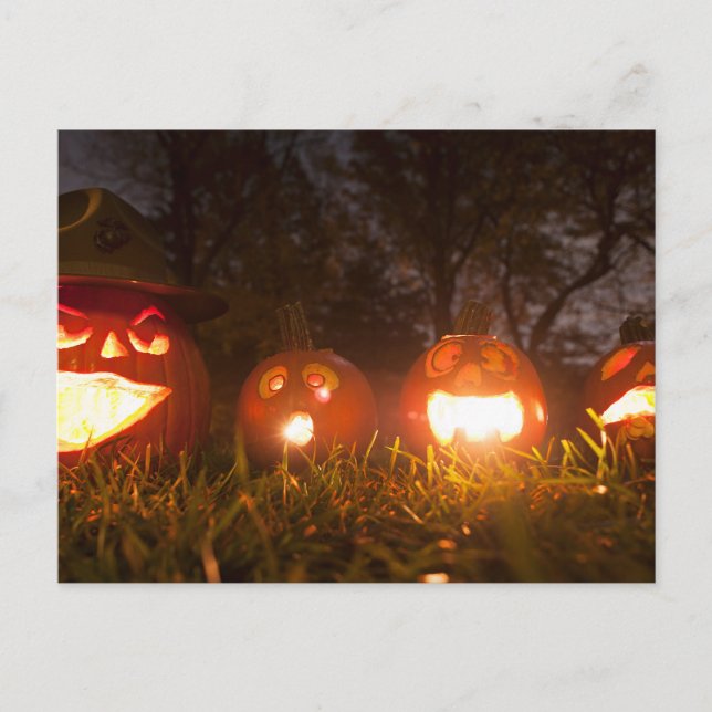 Four Jack-o'-Lanterns on Halloween Postcard (Front)