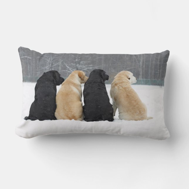Four Labrador Dogs In Snow Lumbar Cushion (Front)