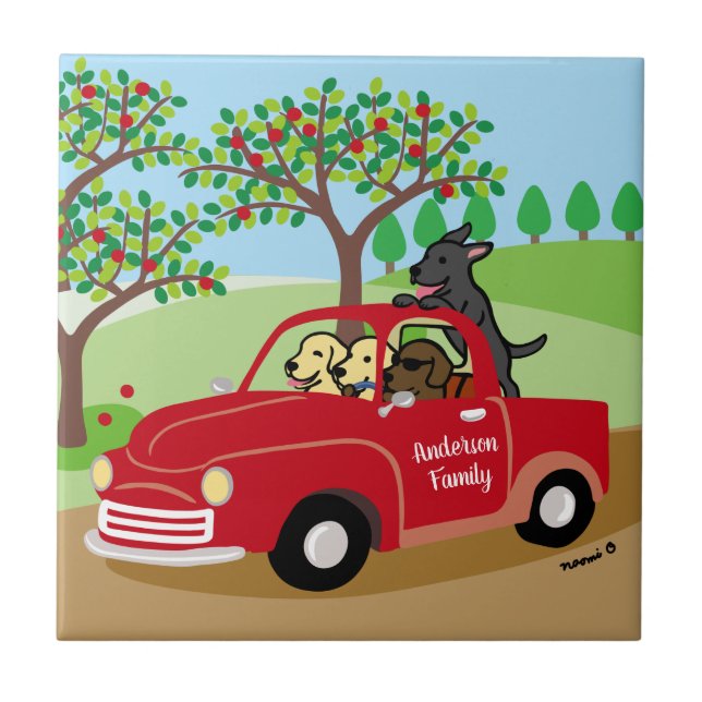Four Labradors and Red Truck Family Ceramic Tile (Front)