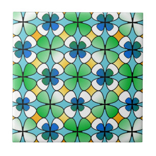 Four Leaf Clover Double Inside Blue Green White Ceramic Tile