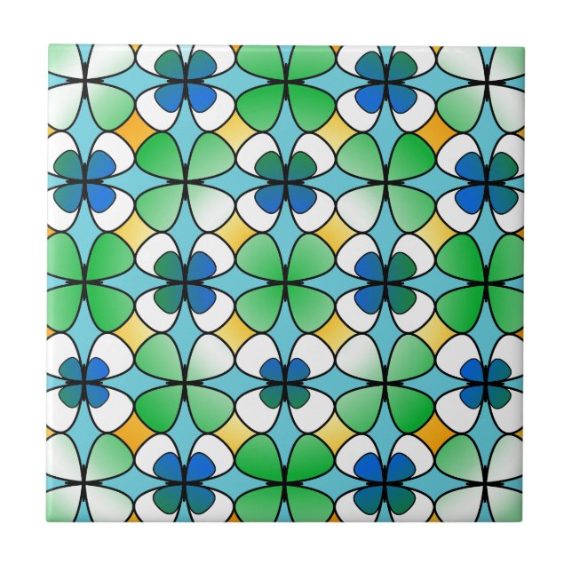 Four Leaf Clover Double Inside Blue Green White Ceramic Tile (Front)