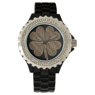 Four Leaf Clover Good Luck Symbol Black Gold Look Watch