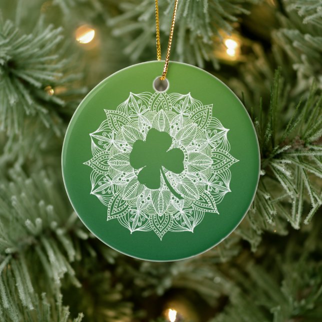 Four Leaf Clover Green Mandala Ceramic Ornament (Tree)