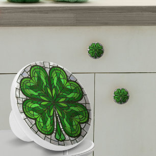 Four-leaf clover - Green Marble and Pearl Ceramic Knob