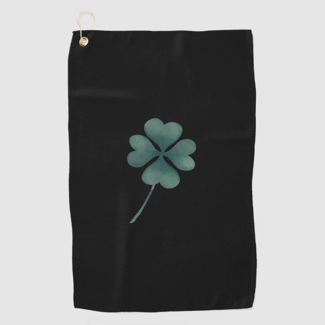 Four Leaf Clover Green On Black Watercolor Golf Towel (Front)