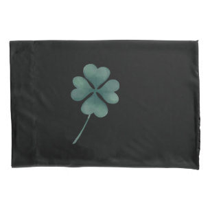 Four Leaf Clover Green On Black Watercolor Pillowcase