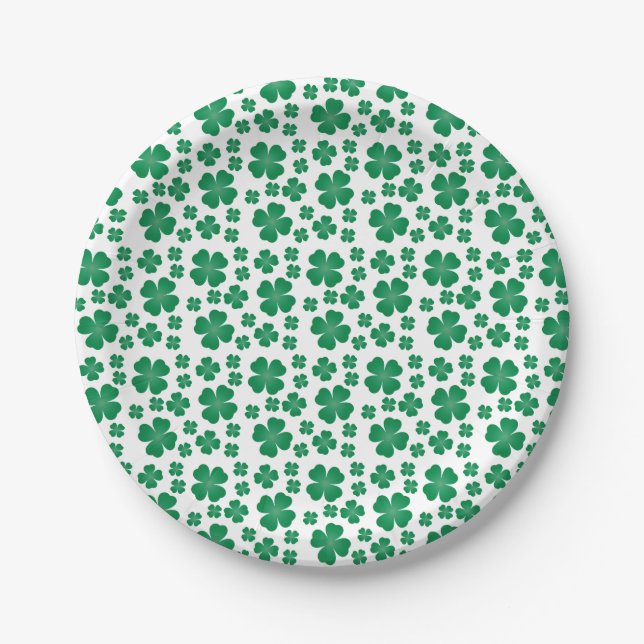 Four Leaf Clover Pattern Green Paper Plate (Front)