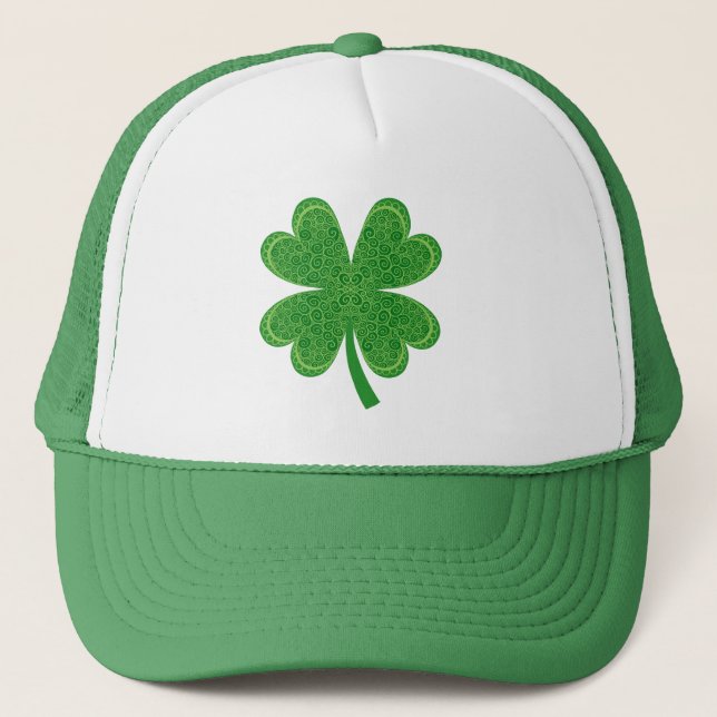 Four Leaf Clover Saint Patrick's Day Green Trucker Hat (Front)