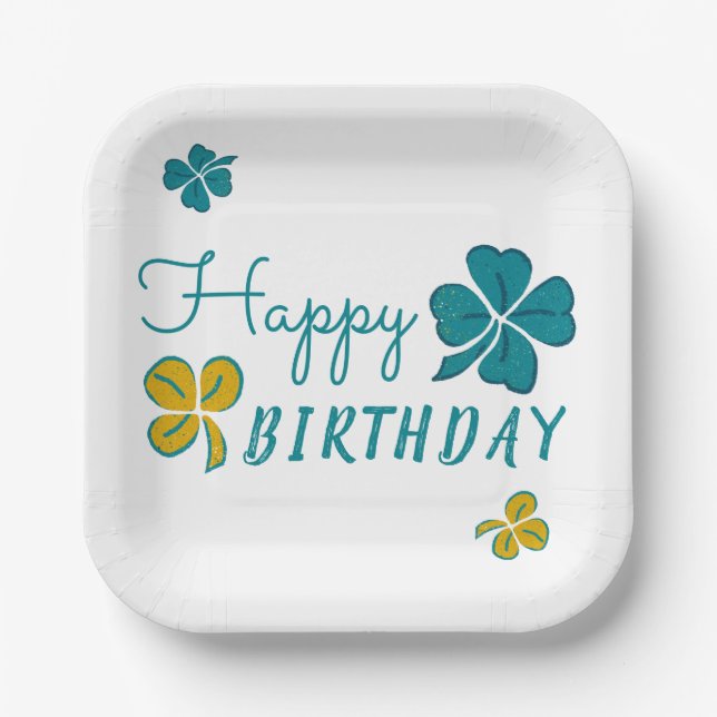 Four Leaf Clover Shamrock Happy Birthday Paper Plate (Front)