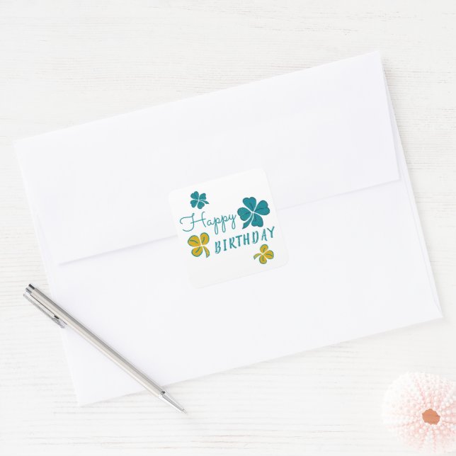 Four Leaf Clover Shamrock Happy Birthday Square Sticker (Envelope)