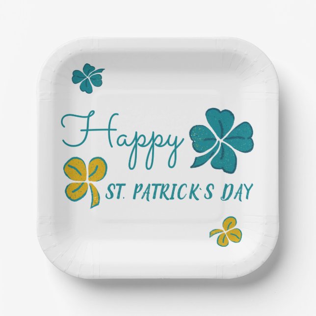 Four Leaf Clover Shamrock Happy St. Patrick`s Day Paper Plate (Front)