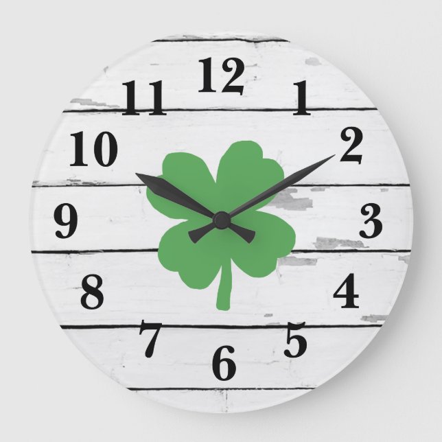 Four Leaf Clover Shiplap Shamrock Large Clock (Front)