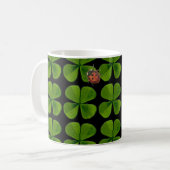 Four-leaf clovers and ladybug - black background coffee mug (Front Left)