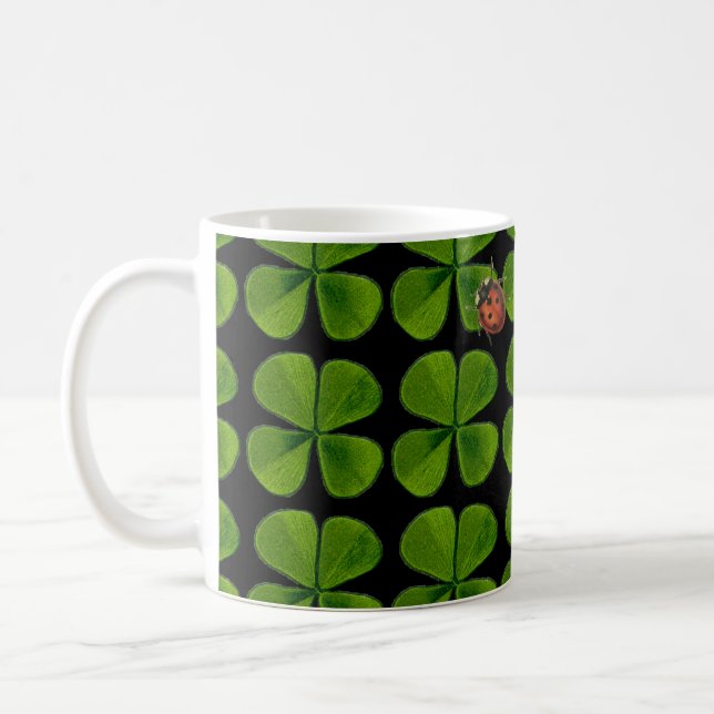 Four-leaf clovers and ladybug - black background coffee mug (Left)