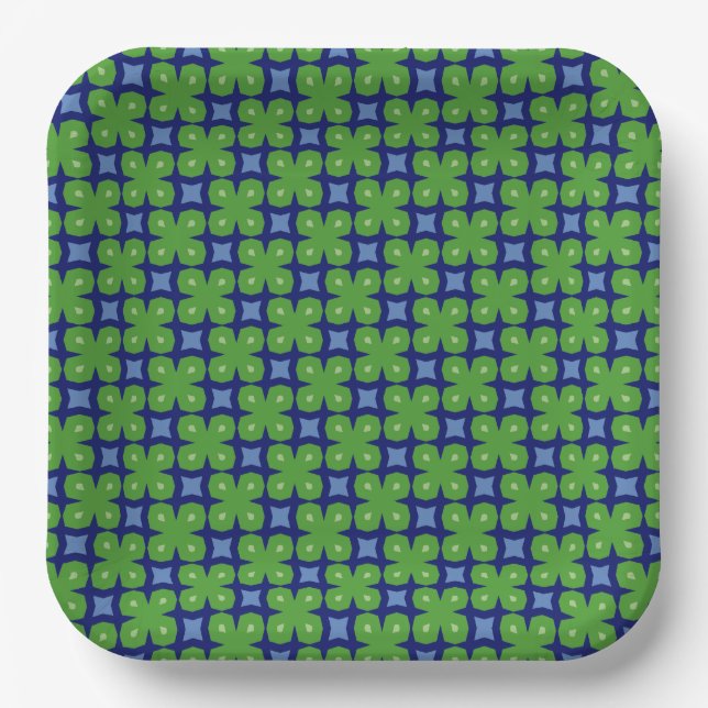 Four-Leaf Clovers on Blue Repeating Print Paper Plate (Front)