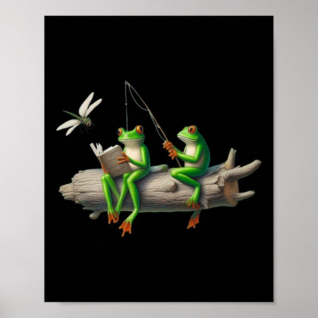 Four Legs Frog On A Log Frog Fishing Dragonfly Rea Poster (Front)