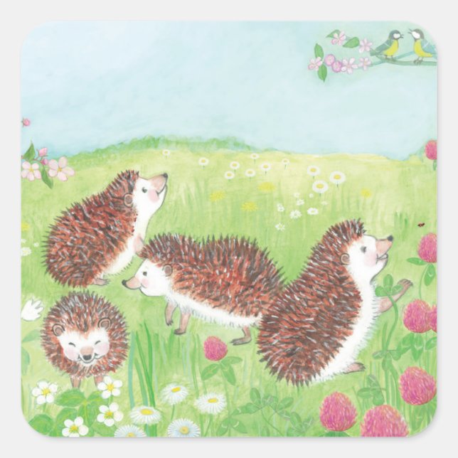 Four Little Hedgehogs in the Flowering Meadow Square Sticker (Front)