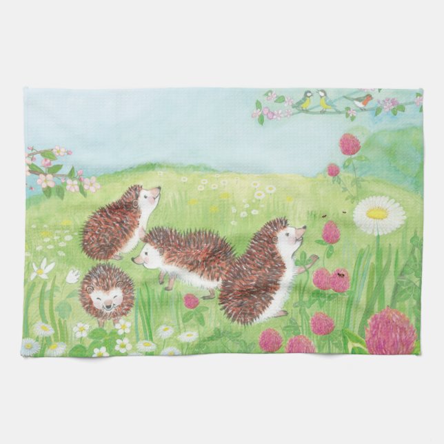 Four Little Hedgehogs in the Meadow Tea Towel (Horizontal)