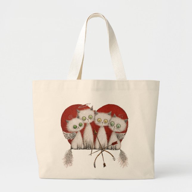 Four Little Love Cats Large Tote Bag (Front)