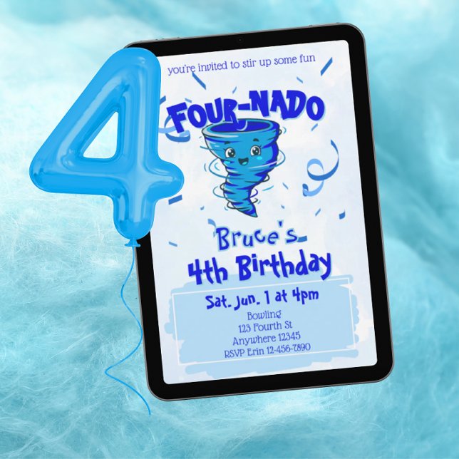 Four-Nado Blue Tornado 4th Birthday Invitation (Creator Uploaded)