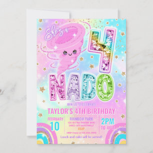 Four Nado Rainbow Glitter 4th Birthday Party  Invitation