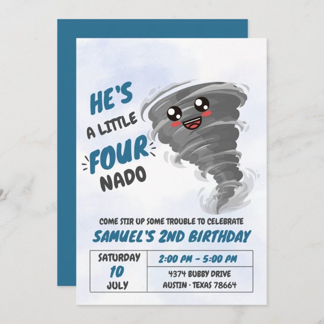 Four-Nado Tornado Fourth Birthday Party  Invitation (Front/Back)