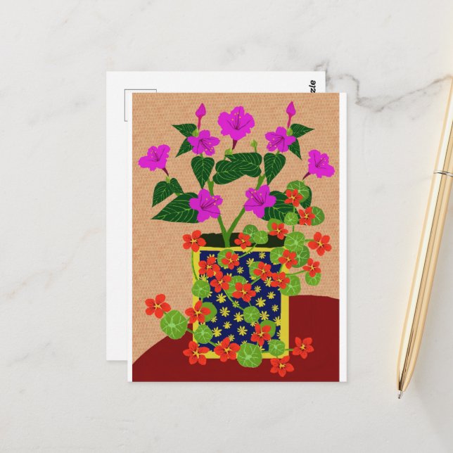 Four o' clock and Nasturtium Postcard (Front/Back In Situ)