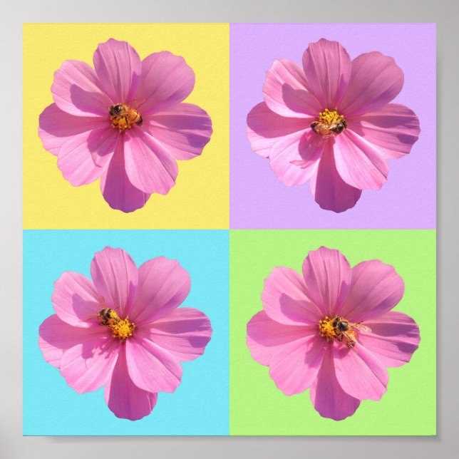 Four-Panel Cosmos Flowers with Honeybee Poster (Front)