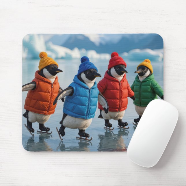 Four Penguins Ice Skating On Arctic Lake Mouse Pad (With Mouse)