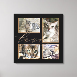 Four Pet Photos Collage Love Script Black Canvas Print